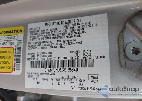 2016 Ford Fusion Se z USA, uszkodzony, nr VIN 3FA6P0HD5GR196840